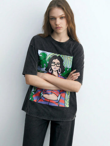 Maija Black Tropical Plant & Figure Printed Round Neck Short Sleeve Casual T-Shirt For Women, Summer