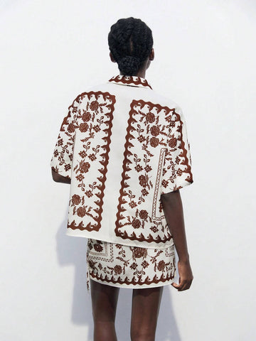 Maija Clothes Women's Vacation Floral Print Drop Shoulder Short Sleeve Loose Casual Shirt