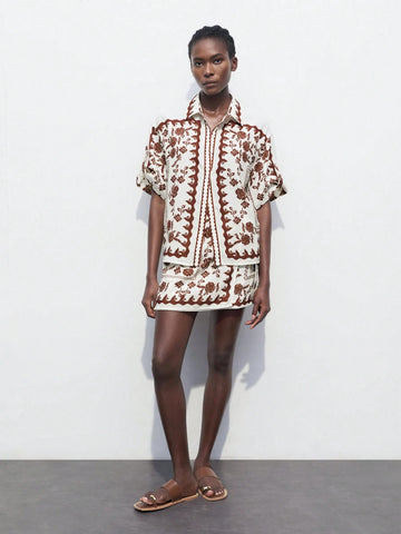 Maija Clothes Women's Vacation Floral Print Drop Shoulder Short Sleeve Loose Casual Shirt