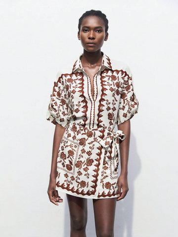 Maija Clothes Women's Vacation Floral Print Drop Shoulder Short Sleeve Loose Casual Shirt