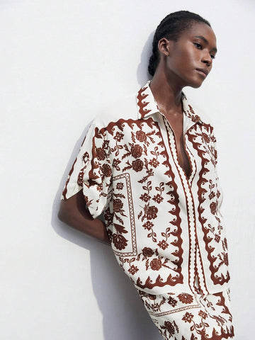 Maija Clothes Women's Vacation Floral Print Drop Shoulder Short Sleeve Loose Casual Shirt