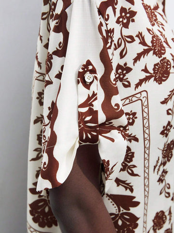 Maija Clothes Women's Vacation Floral Print Drop Shoulder Short Sleeve Loose Casual Shirt