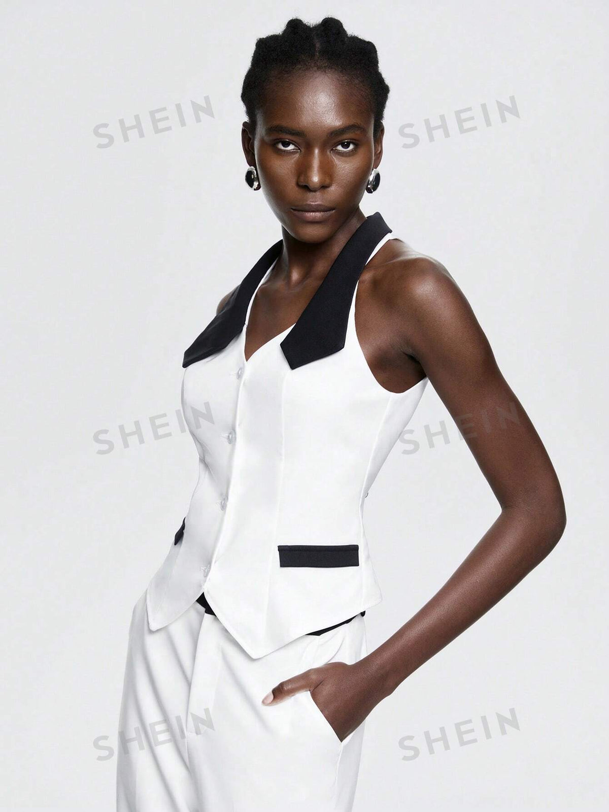 Color Block Double-Breasted Vest And Solid Color Straight Pants