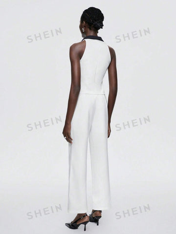 Color Block Double-Breasted Vest And Solid Color Straight Pants