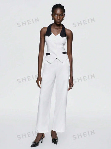 Color Block Double-Breasted Vest And Solid Color Straight Pants