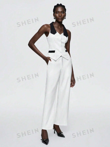 Color Block Double-Breasted Vest And Solid Color Straight Pants