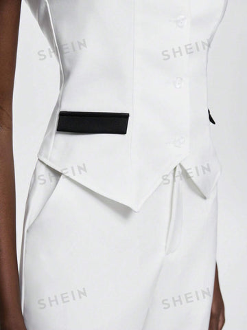 Color Block Double-Breasted Vest And Solid Color Straight Pants