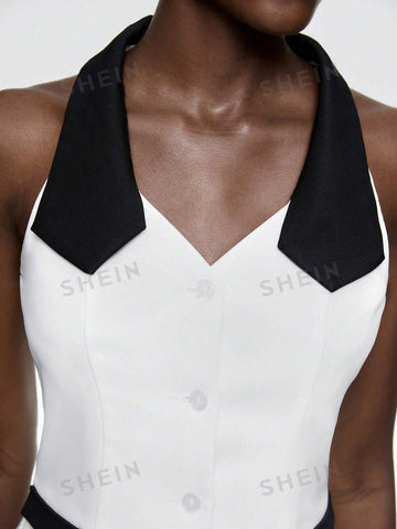 Color Block Double-Breasted Vest And Solid Color Straight Pants