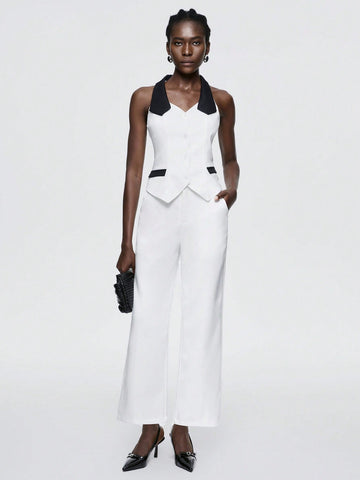 Color Block Double-Breasted Vest And Solid Color Straight Pants