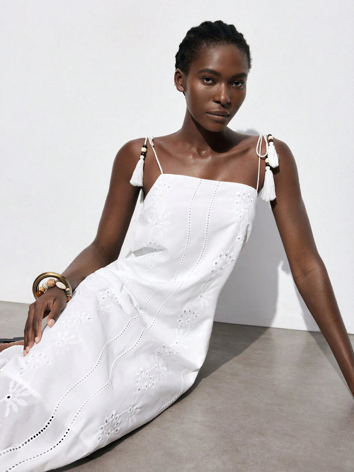 Cotton Clothes Summer Women Dresses Women's Fringed Pendant Spaghetti Strap Long White