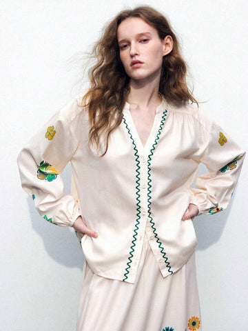 Maija Floral Printed Vacation Women's Long Sleeve Shirt With Open Front