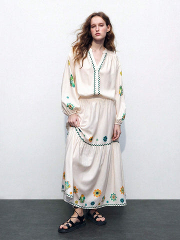 Maija Floral Printed Vacation Women's Long Sleeve Shirt With Open Front