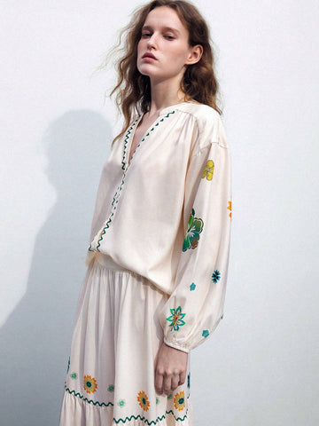 Maija Floral Printed Vacation Women's Long Sleeve Shirt With Open Front