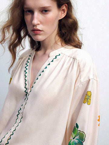 Maija Floral Printed Vacation Women's Long Sleeve Shirt With Open Front