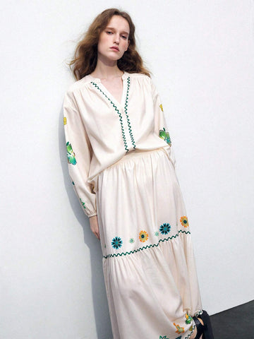 Maija Floral Printed Vacation Women's Long Sleeve Shirt With Open Front