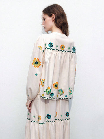 Maija Floral Printed Vacation Women's Long Sleeve Shirt With Open Front