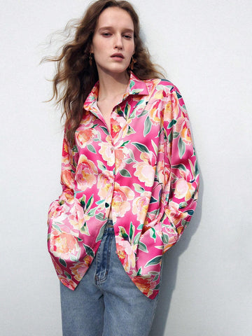 Maija Floral Red & Pink Satin Gloss Printed Long Casual Fashionable & Elegant Women's Shirt