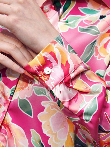 Maija Floral Red & Pink Satin Gloss Printed Long Casual Fashionable & Elegant Women's Shirt