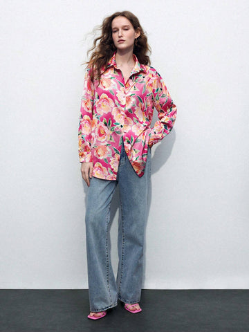 Maija Floral Red & Pink Satin Gloss Printed Long Casual Fashionable & Elegant Women's Shirt