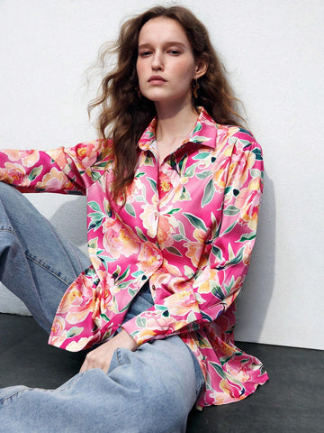 Maija Floral Red & Pink Satin Gloss Printed Long Casual Fashionable & Elegant Women's Shirt