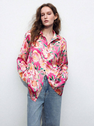 Maija Floral Red & Pink Satin Gloss Printed Long Casual Fashionable & Elegant Women's Shirt