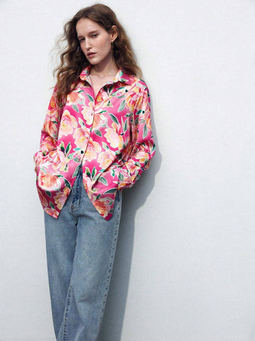 Maija Floral Red & Pink Satin Gloss Printed Long Casual Fashionable & Elegant Women's Shirt