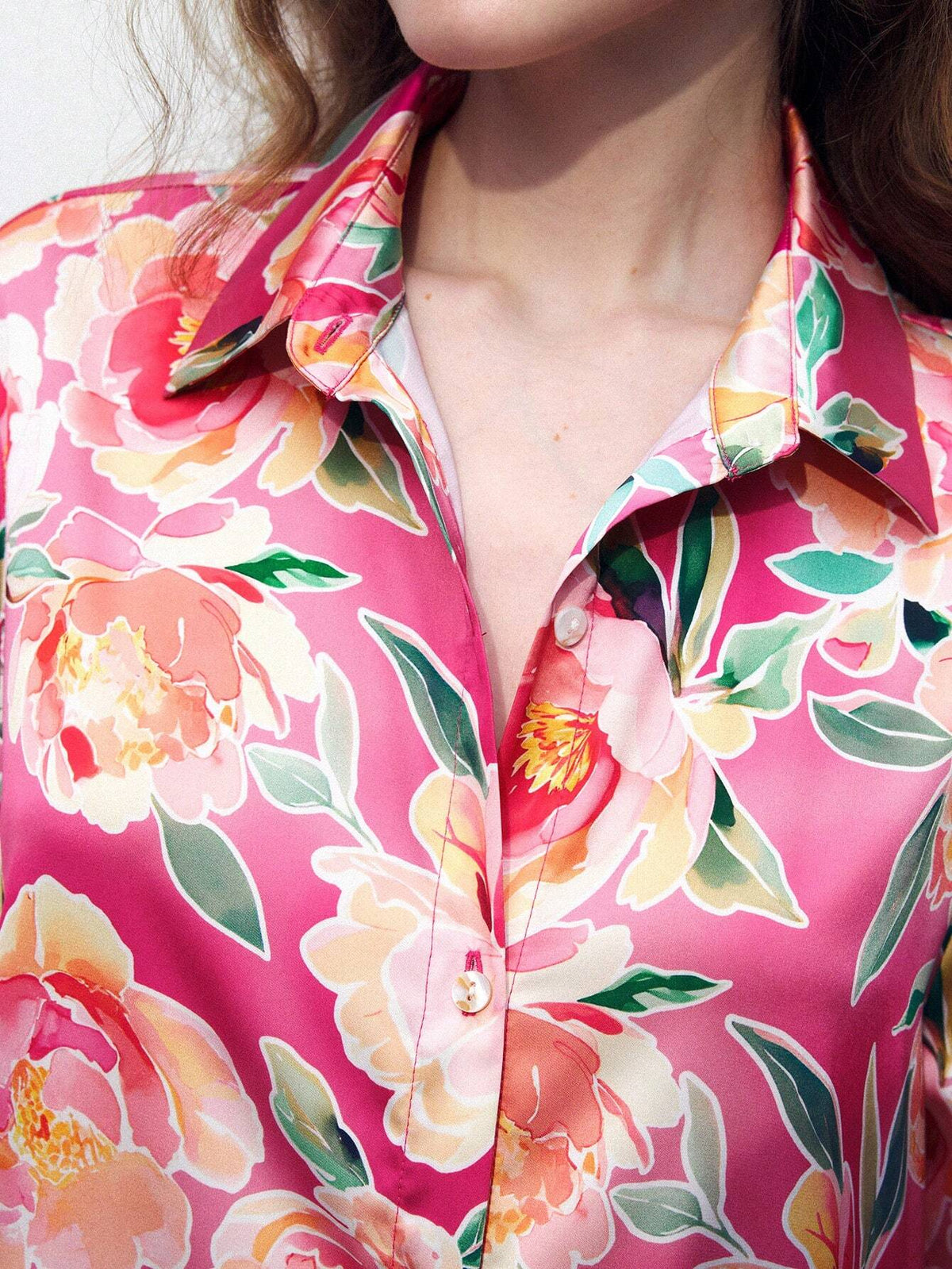 Maija Floral Red & Pink Satin Gloss Printed Long Casual Fashionable & Elegant Women's Shirt