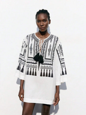 Geo Print Tassel Tie Tunic Dress