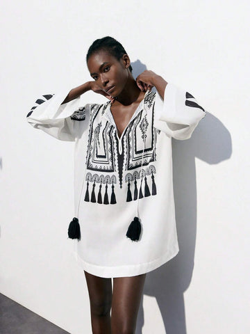 Geo Print Tassel Tie Tunic Dress