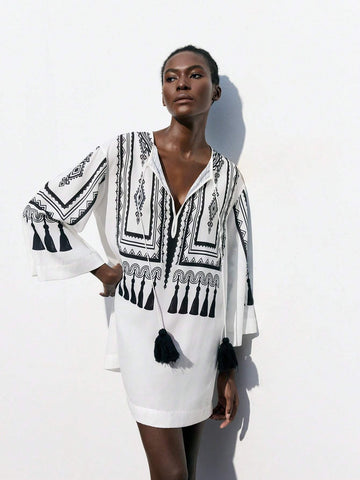 Geo Print Tassel Tie Tunic Dress