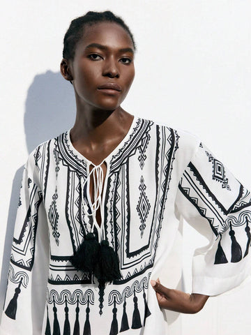 Geo Print Tassel Tie Tunic Dress