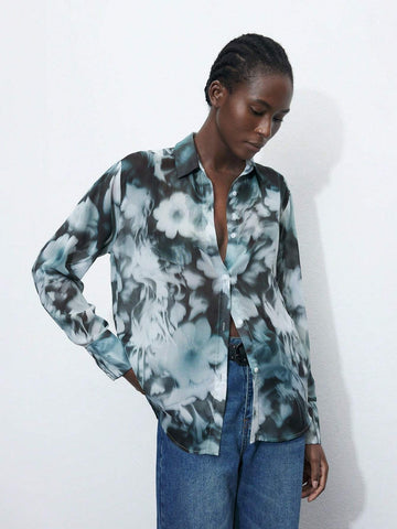Maija Ladies' Flower Printed Casual Daily Long Sleeve Shirt