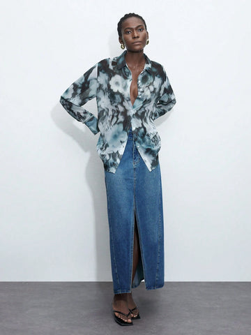 Maija Ladies' Flower Printed Casual Daily Long Sleeve Shirt