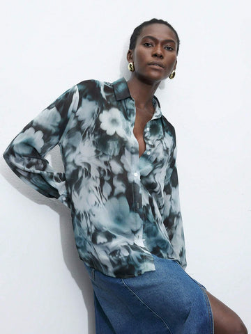 Maija Ladies' Flower Printed Casual Daily Long Sleeve Shirt