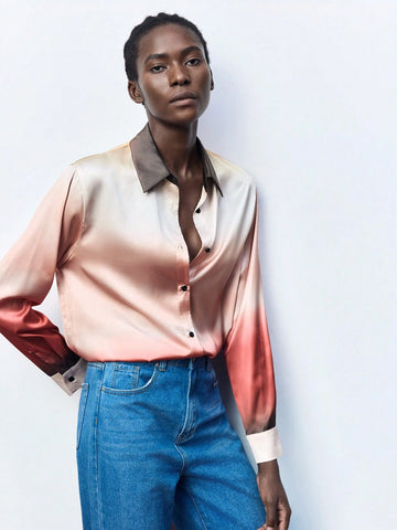 Maija Ladies Ombre Color Button Up Long Sleeve Shirt