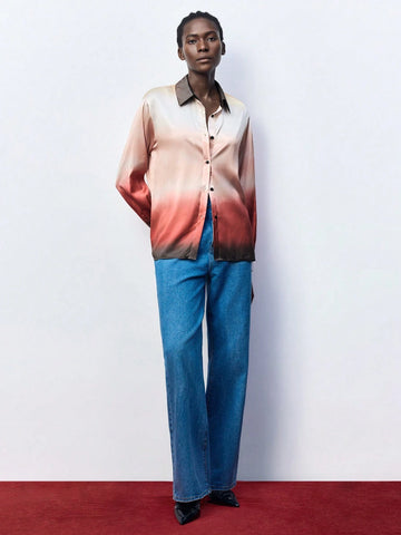 Maija Ladies Ombre Color Button Up Long Sleeve Shirt