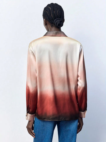 Maija Ladies Ombre Color Button Up Long Sleeve Shirt