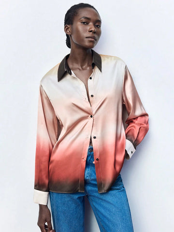 Maija Ladies Ombre Color Button Up Long Sleeve Shirt