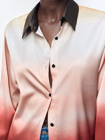 Maija Ladies Ombre Color Button Up Long Sleeve Shirt