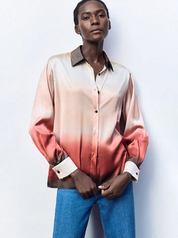 Maija Ladies Ombre Color Button Up Long Sleeve Shirt