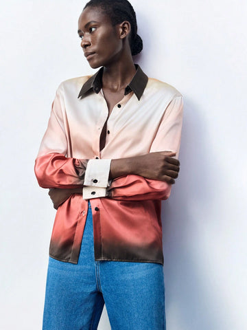 Maija Ladies Ombre Color Button Up Long Sleeve Shirt