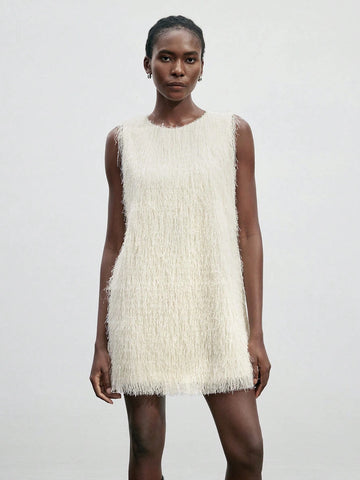 New Autumn/Winter Women Elegant Vintage Casual Dress, Sleeveless Fur Trim Party Wedding Cocktail