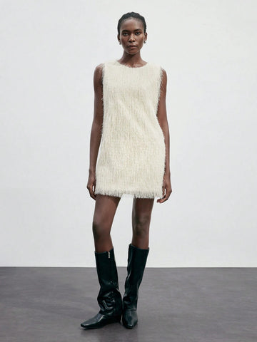 New Autumn/Winter Women Elegant Vintage Casual Dress, Sleeveless Fur Trim Party Wedding Cocktail