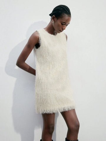 New Autumn/Winter Women Elegant Vintage Casual Dress, Sleeveless Fur Trim Party Wedding Cocktail