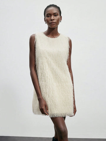 New Autumn/Winter Women Elegant Vintage Casual Dress, Sleeveless Fur Trim Party Wedding Cocktail