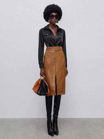 Maija Split Hem Belted PU Leather Skirt