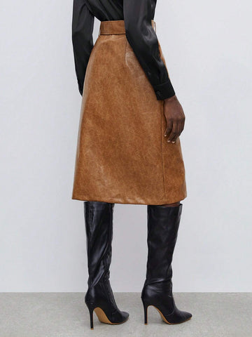 Maija Split Hem Belted PU Leather Skirt