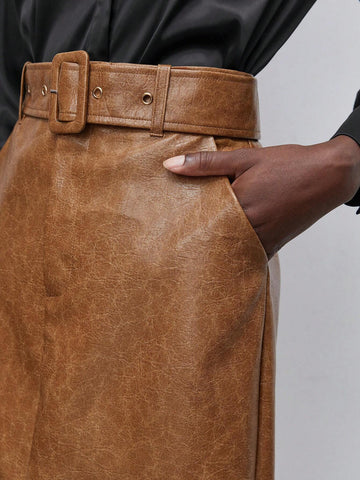 Maija Split Hem Belted PU Leather Skirt