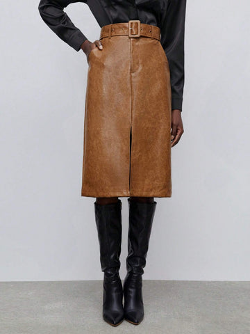 Maija Split Hem Belted PU Leather Skirt