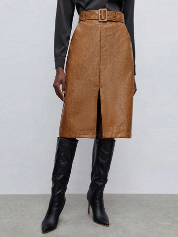 Maija Split Hem Belted PU Leather Skirt